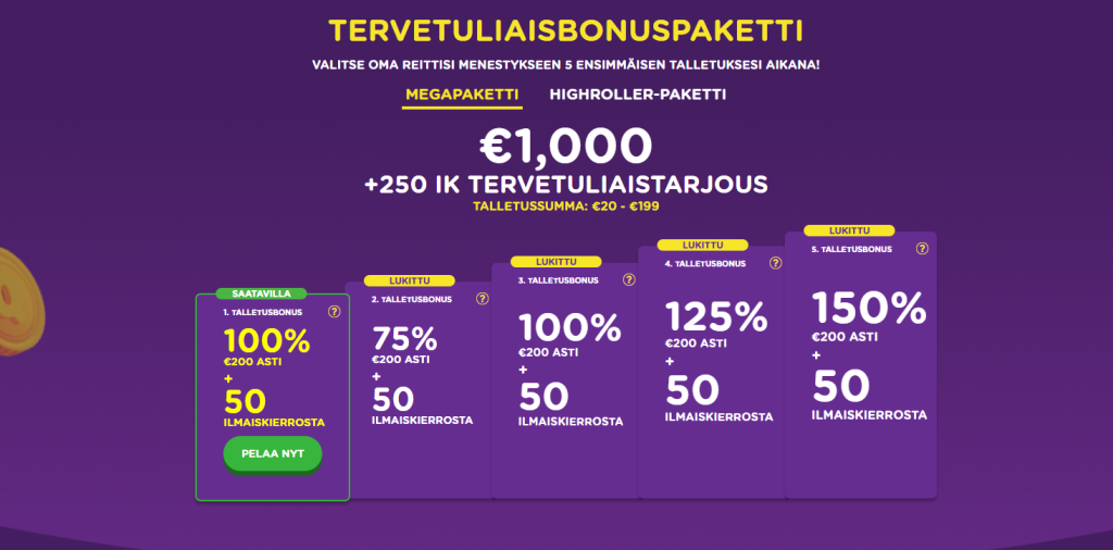 Casiqo Casino Tervetuliaisbonus - jopa 1000 euroon asti ja lisäksi 250 ilmaiskierrosta